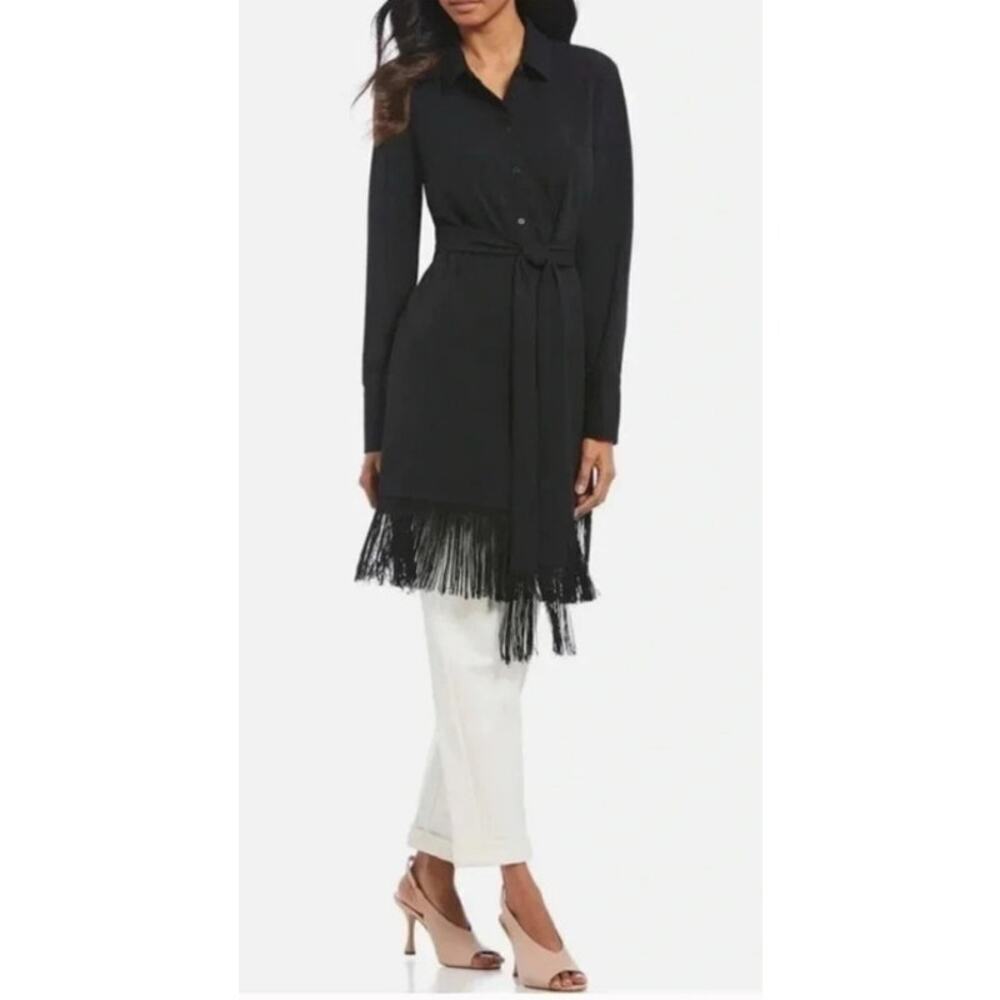 H by Halston Women's Black Fringe Button Down Tunic, L - Picture 2 of 12